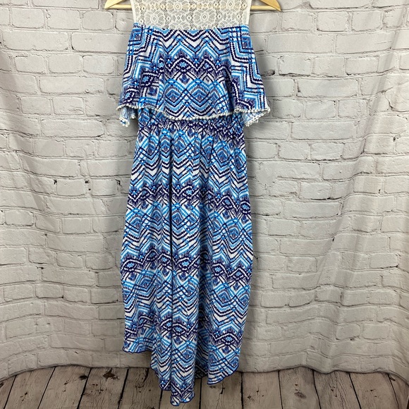 Emily West high low blue tribal summer dress • girls size 16 - Picture 2 of 6